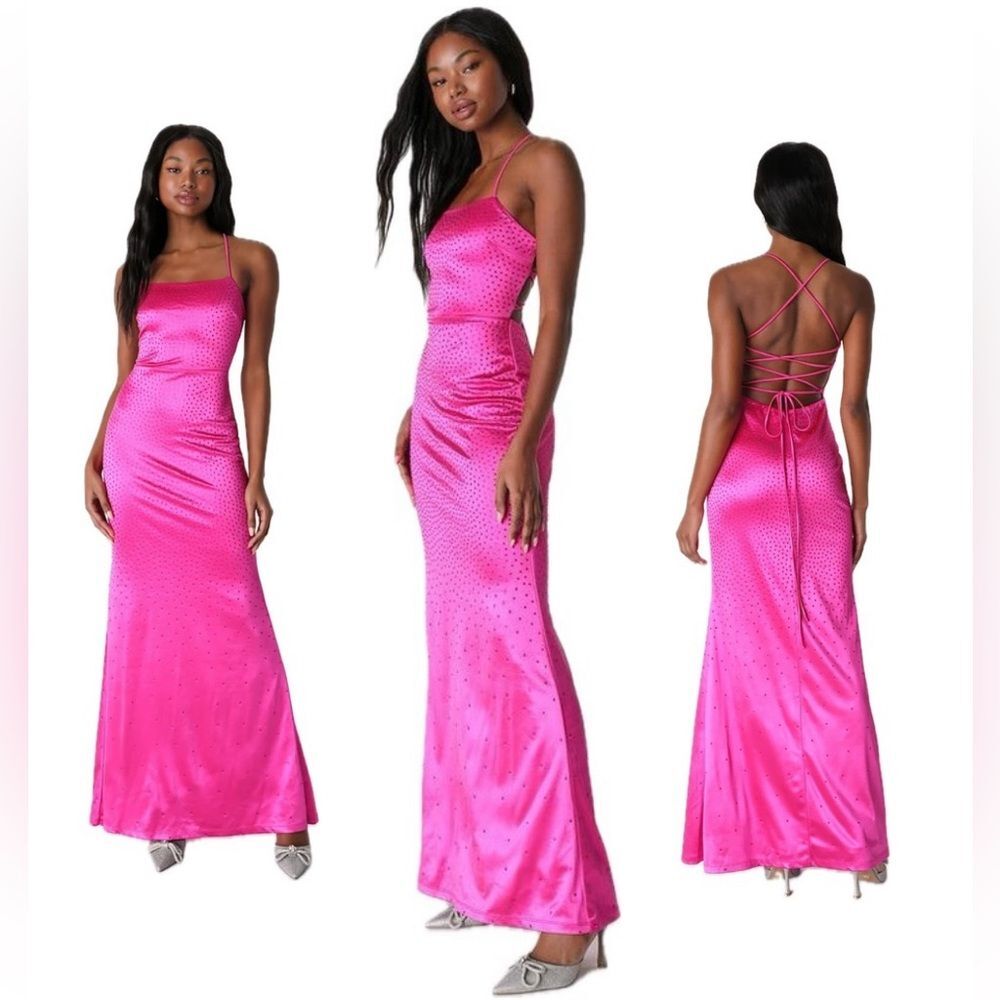 Lulu’s Radiant Satin Rhinestone Maxi Dress